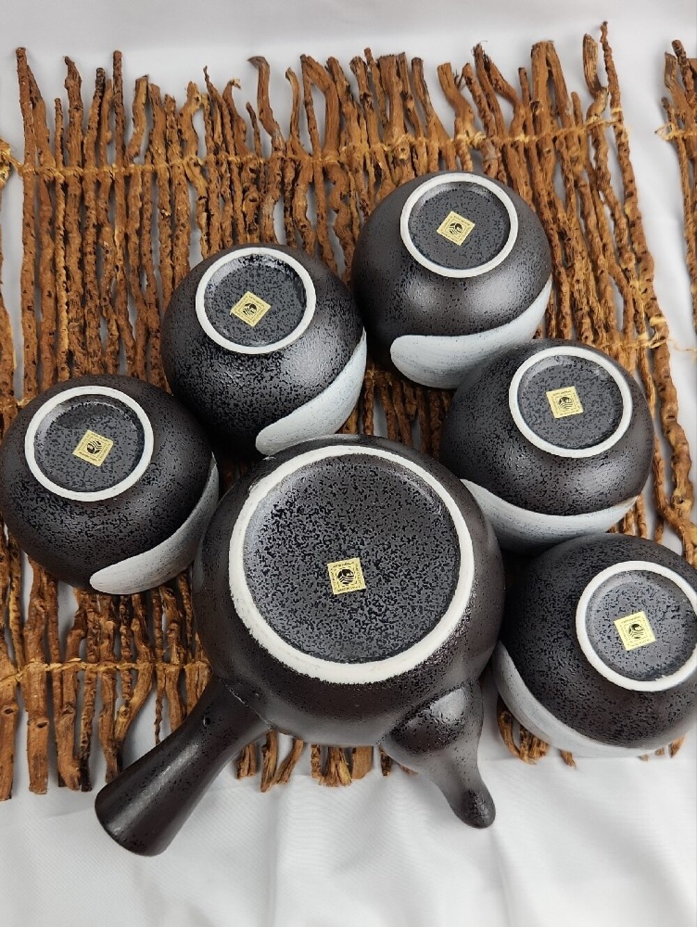 New Japanese Kyusu Tea Pot + 5 Tea Cups Matte Black Unused - Picture 3 of 11